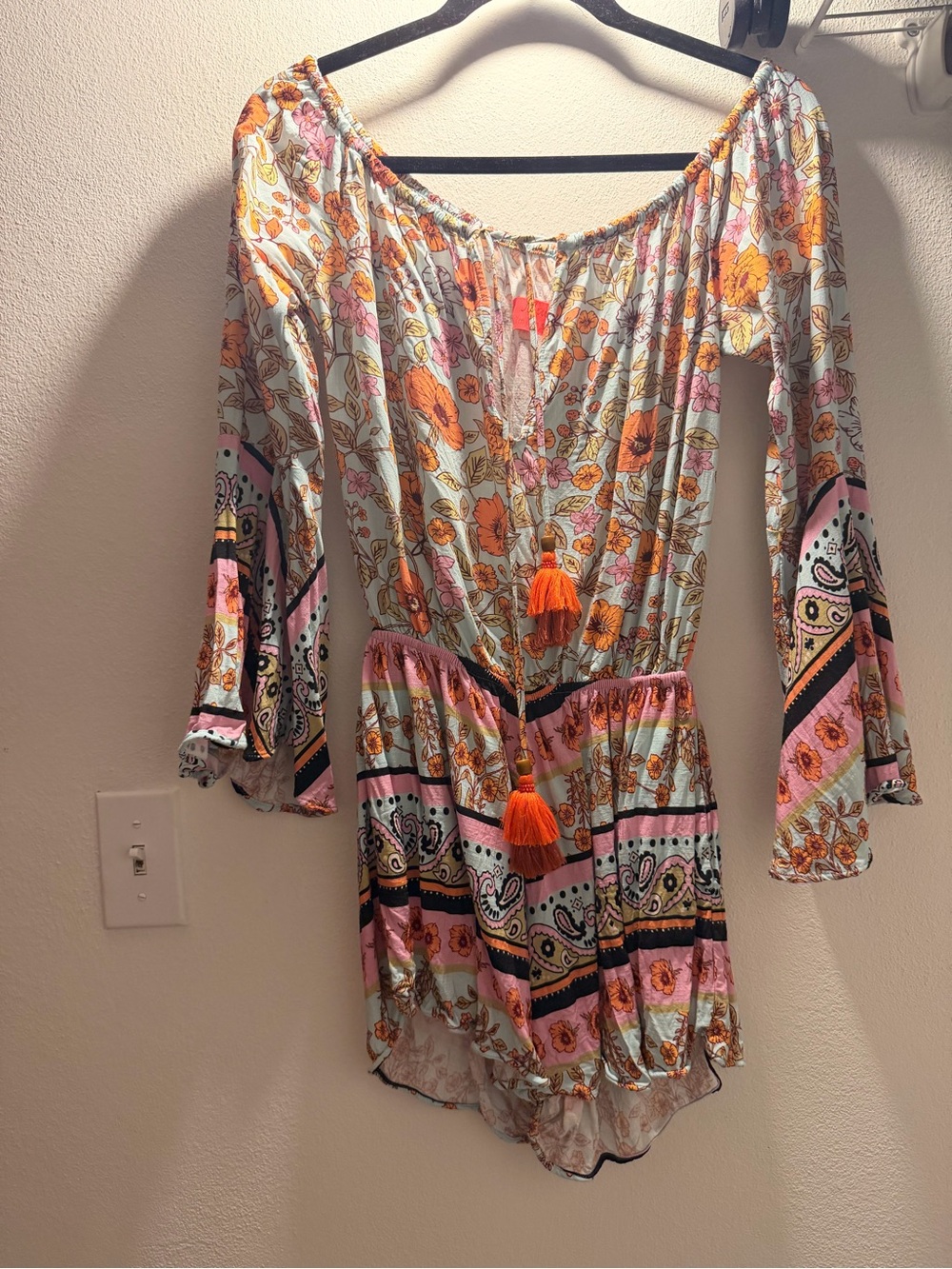 Maaji Mint Floral Off-Shoulder Romper with Orange Tassel Detail